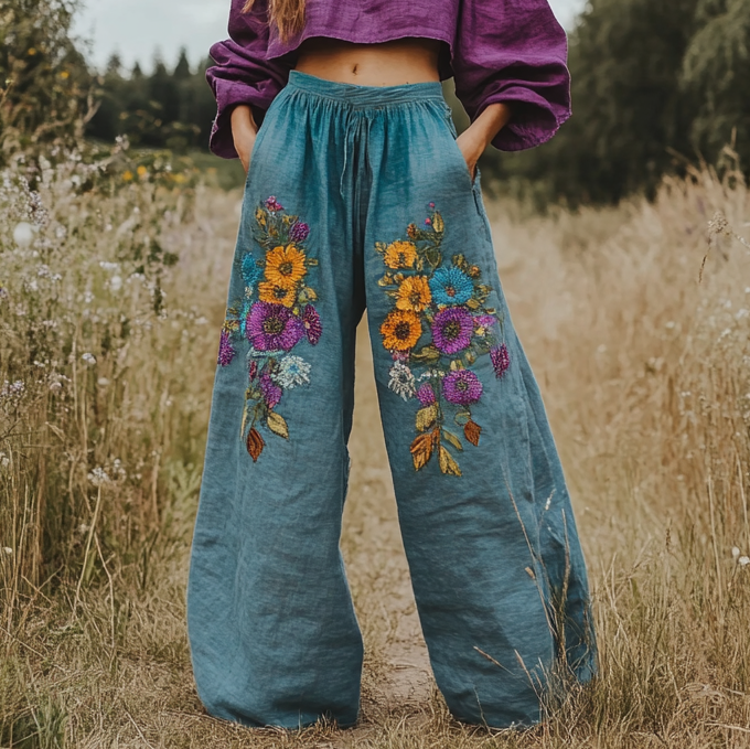 Bohemian Holiday Style Linen Bohemian Floral Gradient Print Linen Long Loose Wide-leg Pants