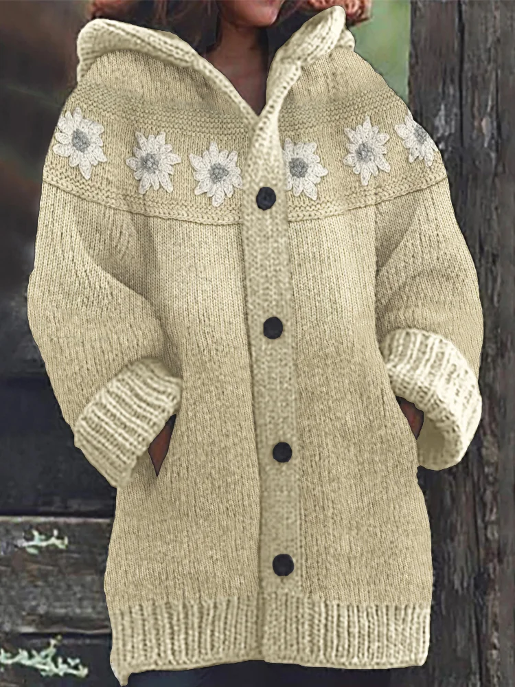 Vintage Flowers Crochet Yoke Cozy Knit Hooded Cardigan