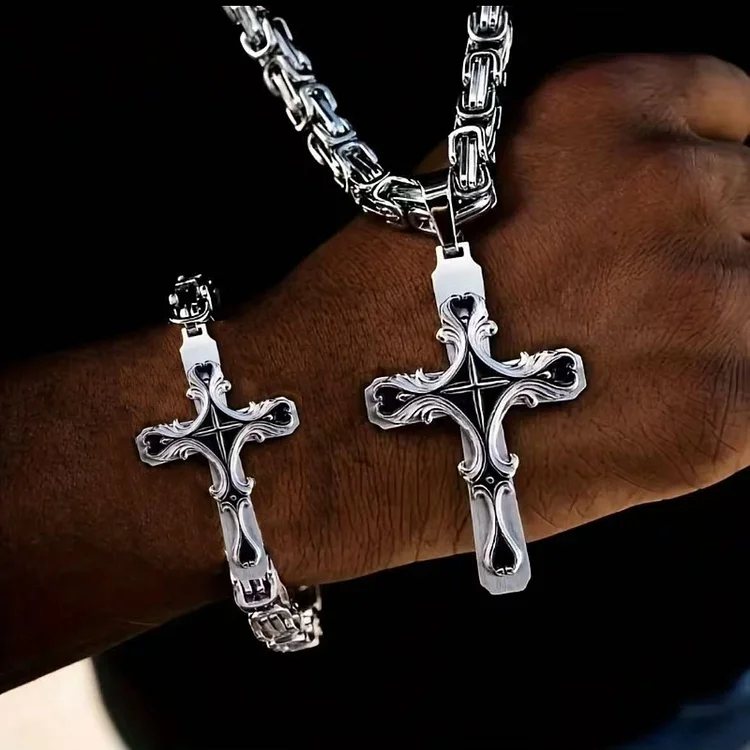 2 Piece Men's Fashion Vintage Cross Cuban Necklace Set