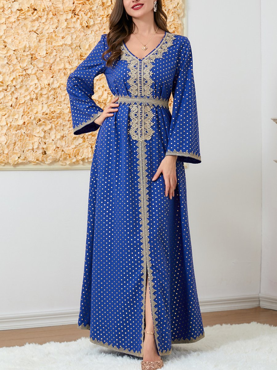 Polka Dot Bined Design V Neck Long Sleeve Blue Dress | Oxredo Shop Ramadan Sale