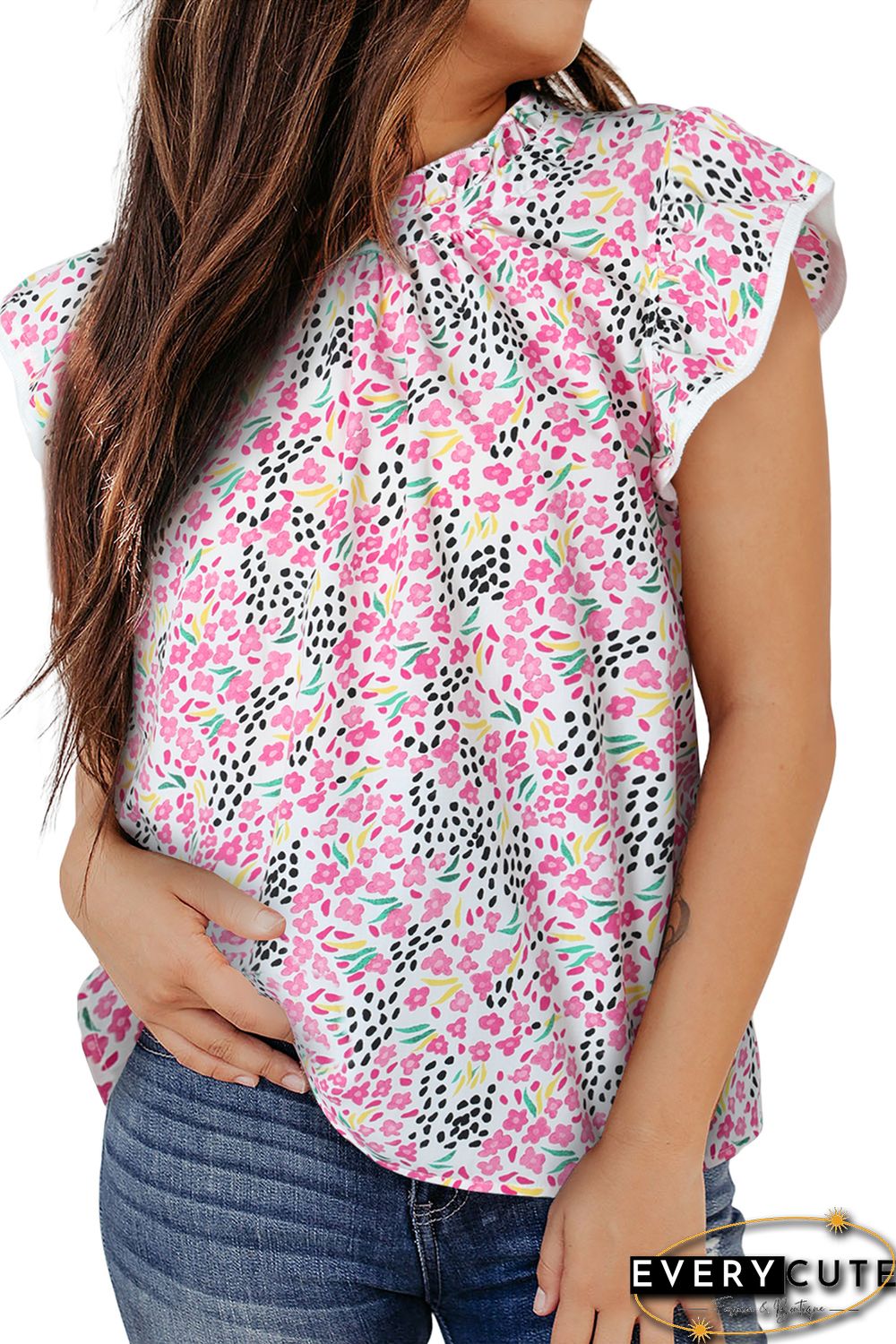 Pink Multicolor Abstract Print High Neck Flutter Sleeves Top