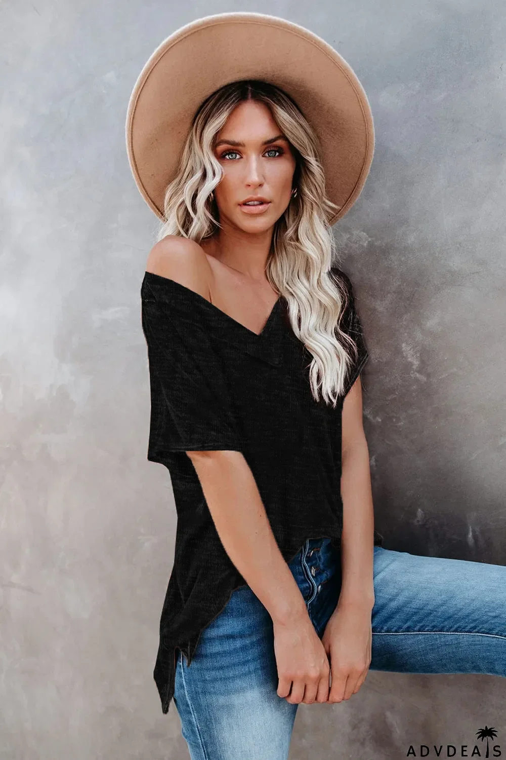 Black Oversized Mineral Wash Cotton Blend V Neck Short Sleeves Top