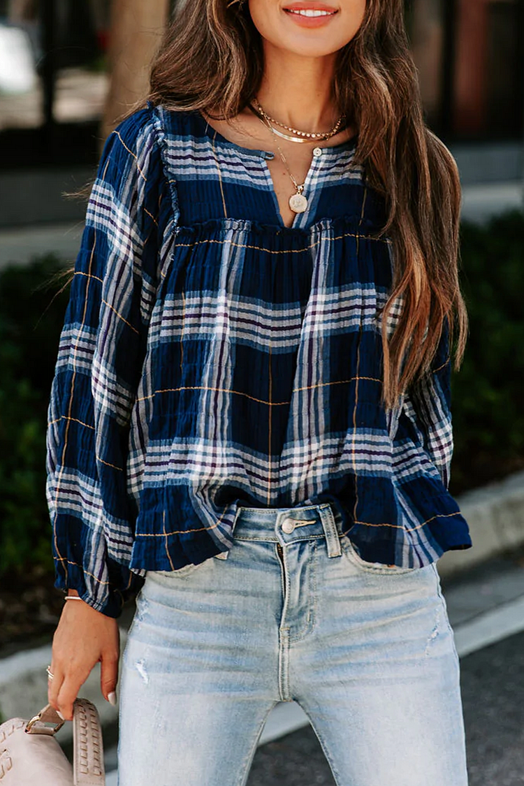 Casual Plaid Patchwork V Neck Tops - Life is Beautiful for You - SheChoic