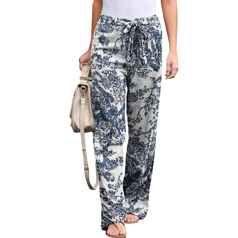 Women's Retro Print Loose Casual Elastic Waist Drawstring Trousers