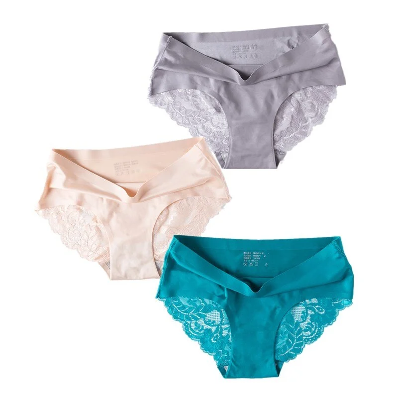 3 Pcs/Set Sexy Seamless Panties Women Lace Underwear Briefs Low Rise Ladies Silk Plus Size Solid Soft Transparent Panty Lingerie