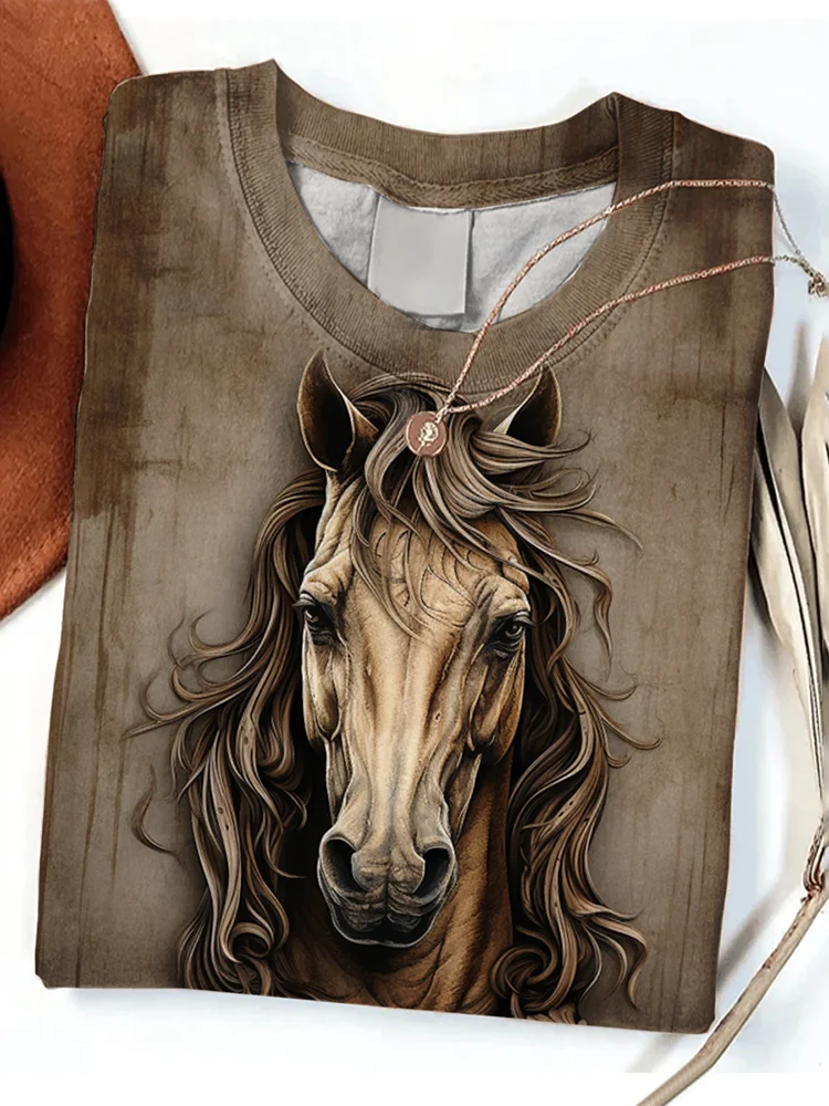 Vintage Western Horse Print Long Sleeve T-Shirt
