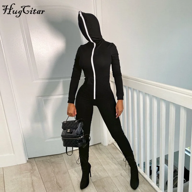 Hugcitar 2020 Long Sleeve Zipper Hooded Jumpsuit Autumn Winter Women Fashion Streetwear Outfits Pocket Patchwork Romper