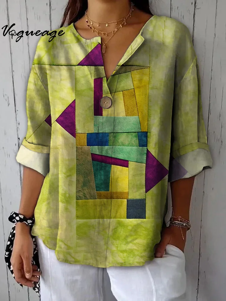 Simple And Stylish Creative Geometric Puzzle Printed Cotton And Linen Shirt