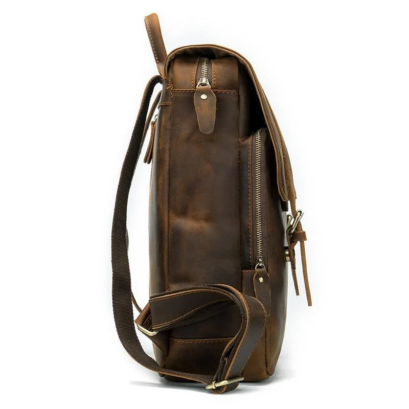 Distinct Vintage Look Genuine Leather Foldover Top Antique Brass Hardware Backpack