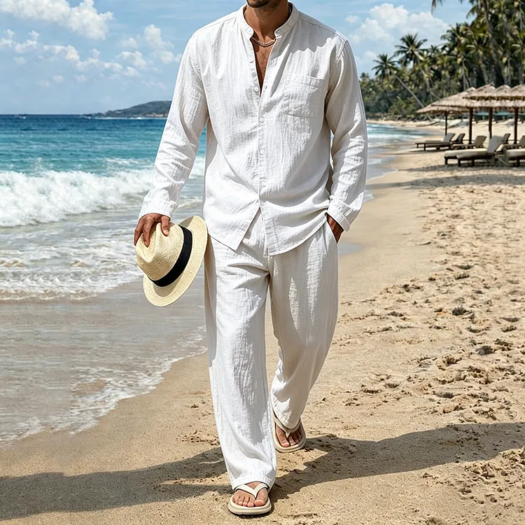 Leisure Solid Color Cotton Linen Pocket Shirt And Pants Two Piece Set