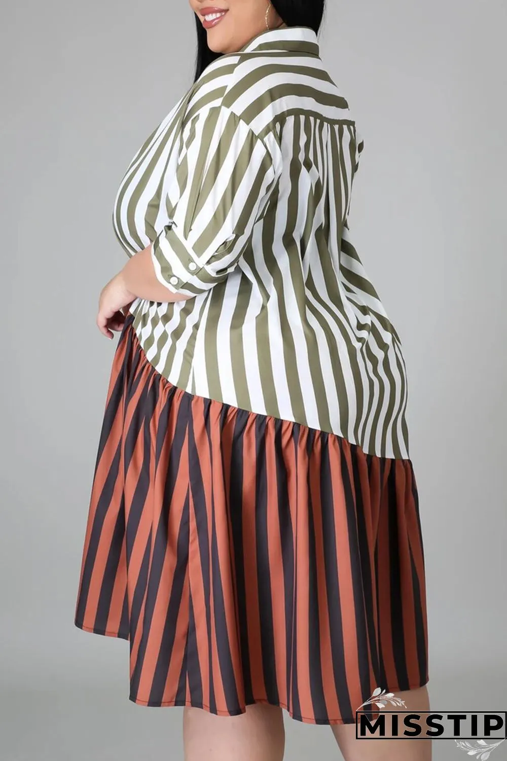 Brown Fashion Plus Size Striped Print Patchwork Turndown Collar Shirt Dress (Without Belt)