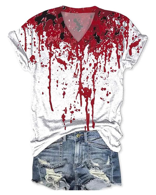 Women Halloween Humor Funny Bloodstained Print V-Neck Short Sleeve T-Shirt