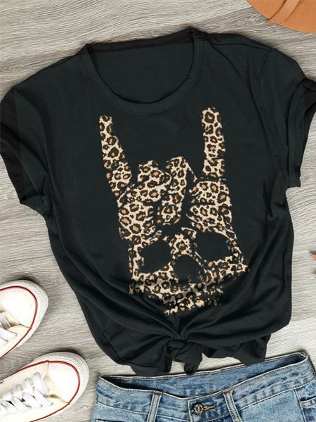 Black Leopard print  Printed Cotton Short Sleeve Shirts & Tops