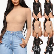 Buyerint Bodysuits High Neck Bodycon Jumpsuit See Through Romper Black Beige NEW Sexy Mesh See Through Bodysuit Women Long Sleeve Sheer