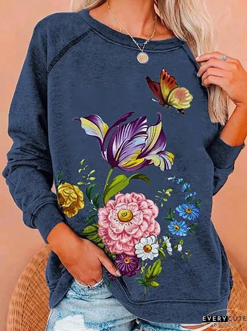 T-Shirts Flower Butterfly Round Neck Long Sleeve T-Shirt for Women