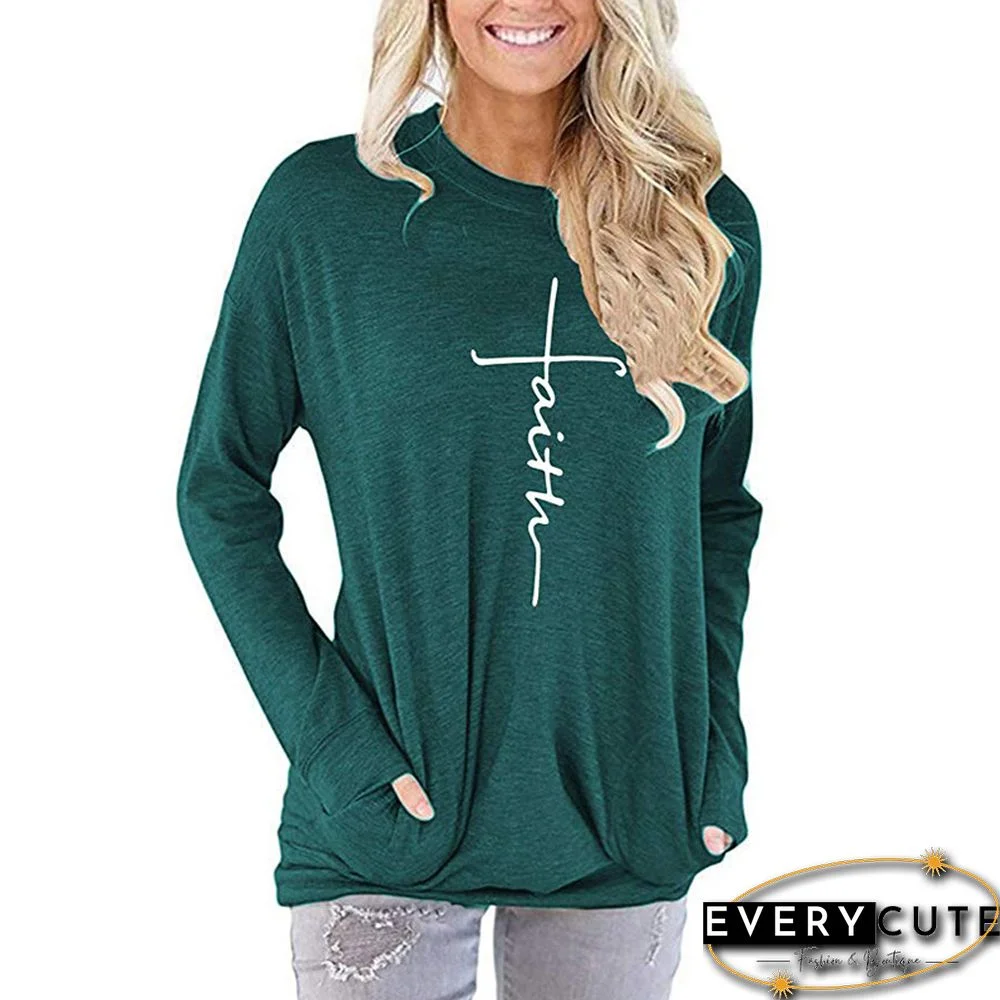 Green Faith Print Pocket Long Sleeve Top