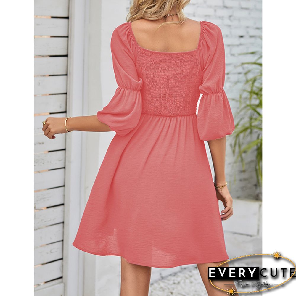 Light PinkPleated Square Neck Puff Sleeve Dress