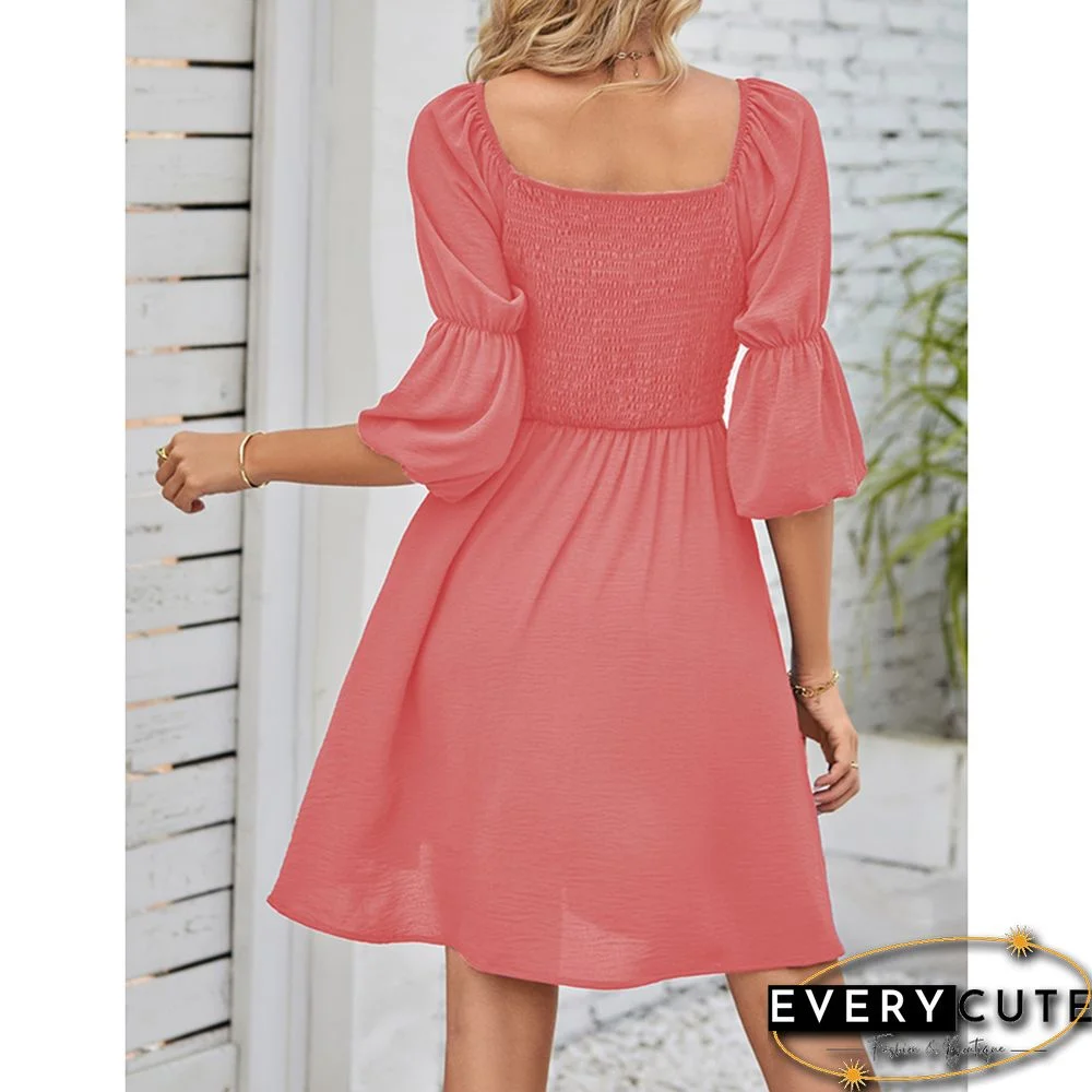 Light PinkPleated Square Neck Puff Sleeve Dress