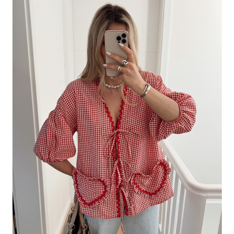 Puff sleeve Heart Plaid Printed Lace up Shirt 