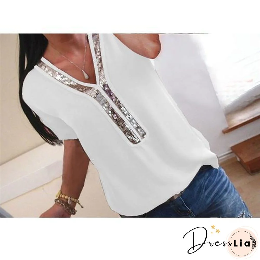 Plus Size  Short Sleeve Solid Color Tops Joint V Neck Blouse