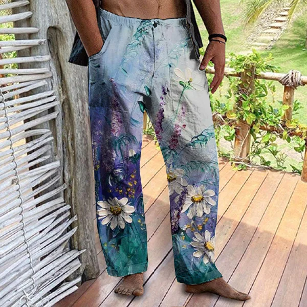 Men's floral printed cotton linen pants casual pants