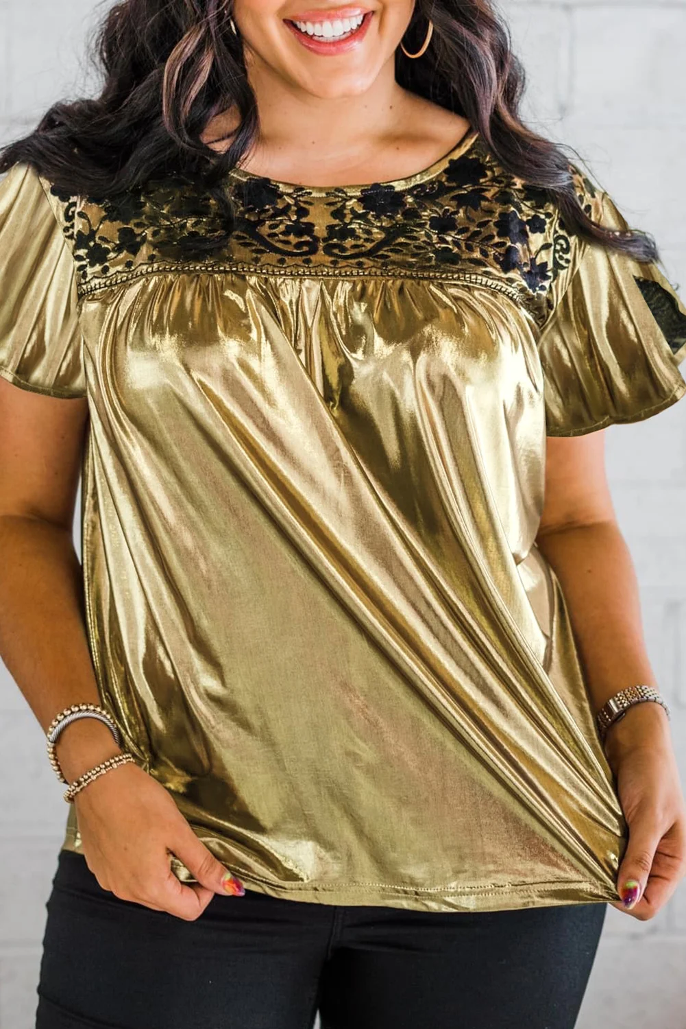 Gold Plus Size Floral Embroidered Short Sleeve Top | IFYHOME