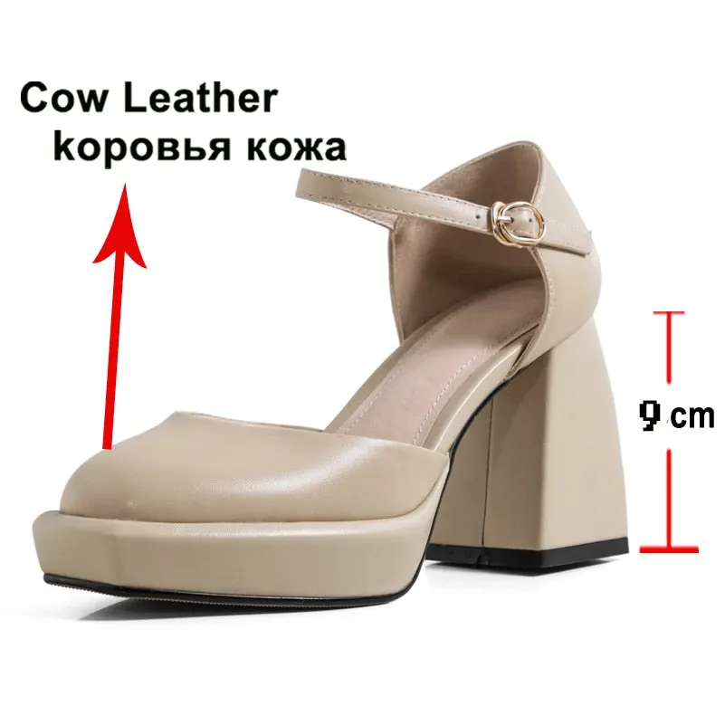 Meotina Platform High Heels Shoes Women Natural Genuine Leather Round Toe Buckle Pumps Thick Heel Laddies Footwear Spring White