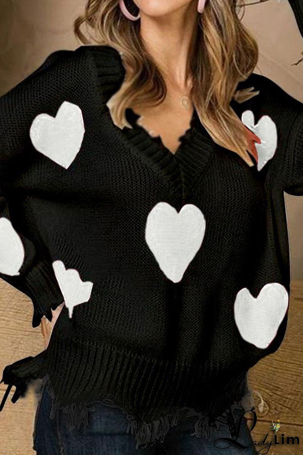 V-Neck Distressed Hearts Casual Sweater