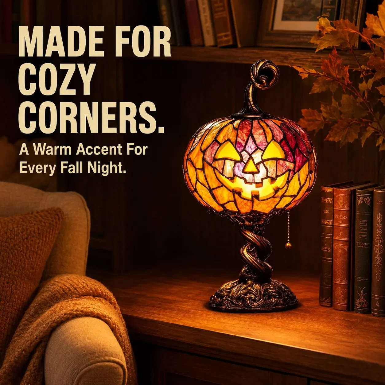Halloween pumpkin lamp used as seasonal home decor