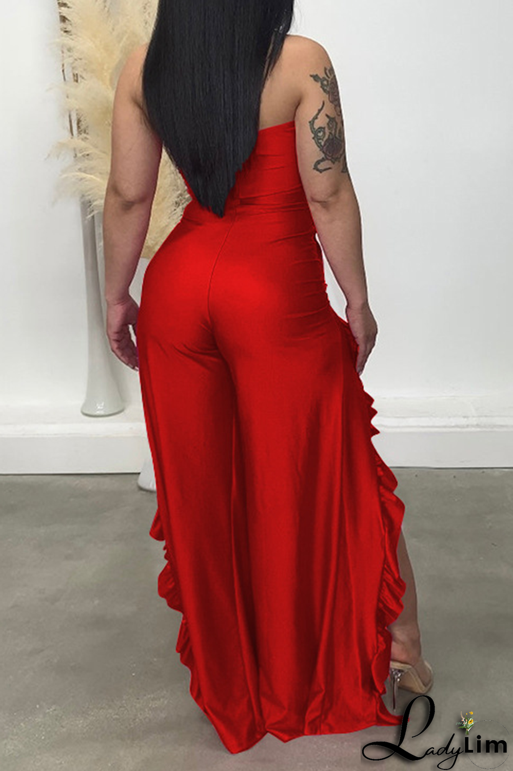 Black Sexy Print Flounce Strapless Boot Cut Jumpsuits