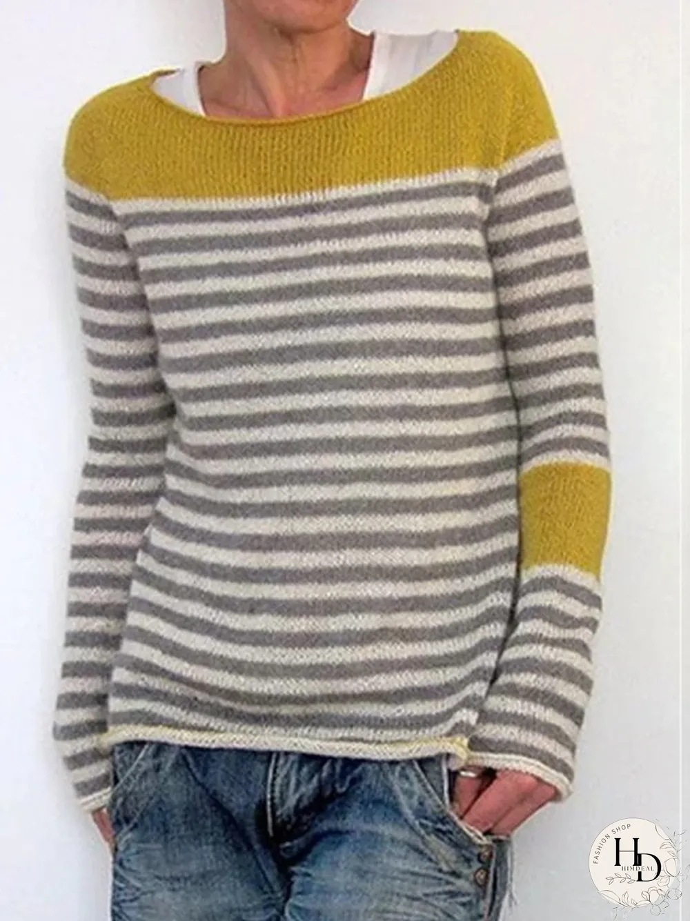 Solid Stripe Round Neck Sweaters
