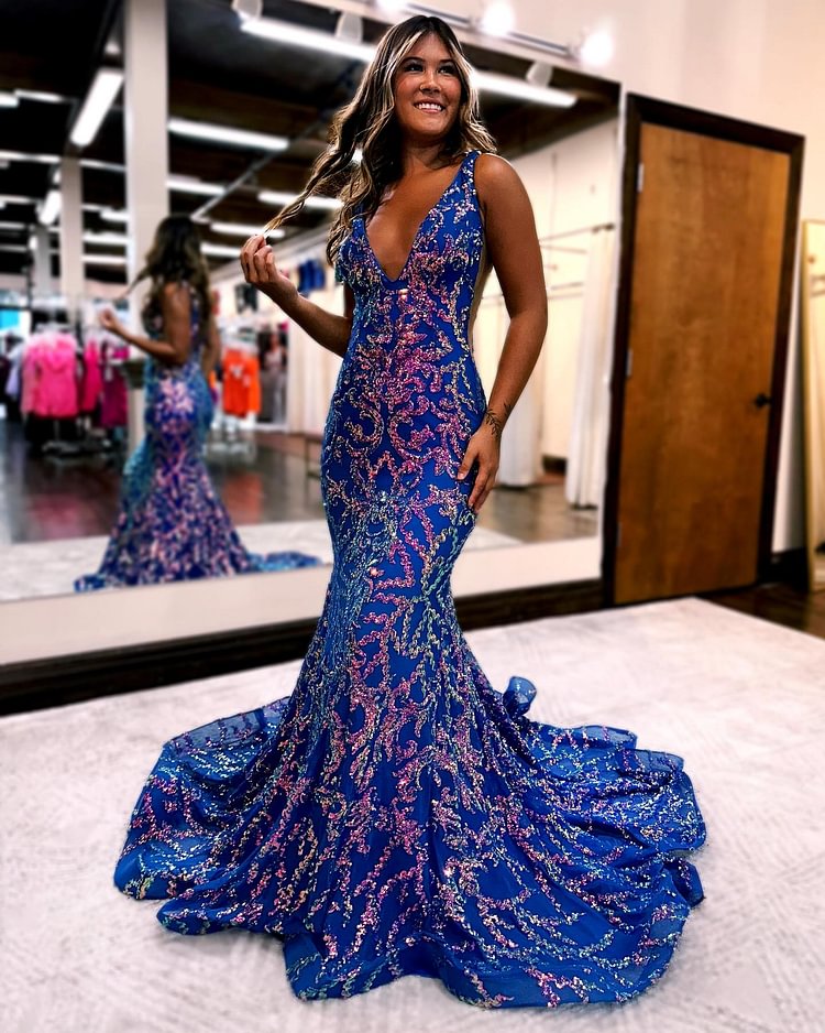 Hellodresses Elegant Royal Blue Deep V Neck Sleeveless Mermaid Appliques Evening Dress