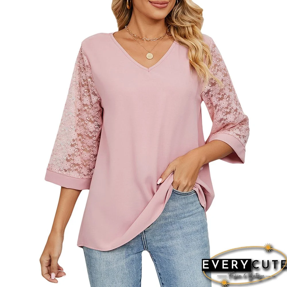 Pink 3/4 Lace Flare Sleeve V Neck Chiffon Tops