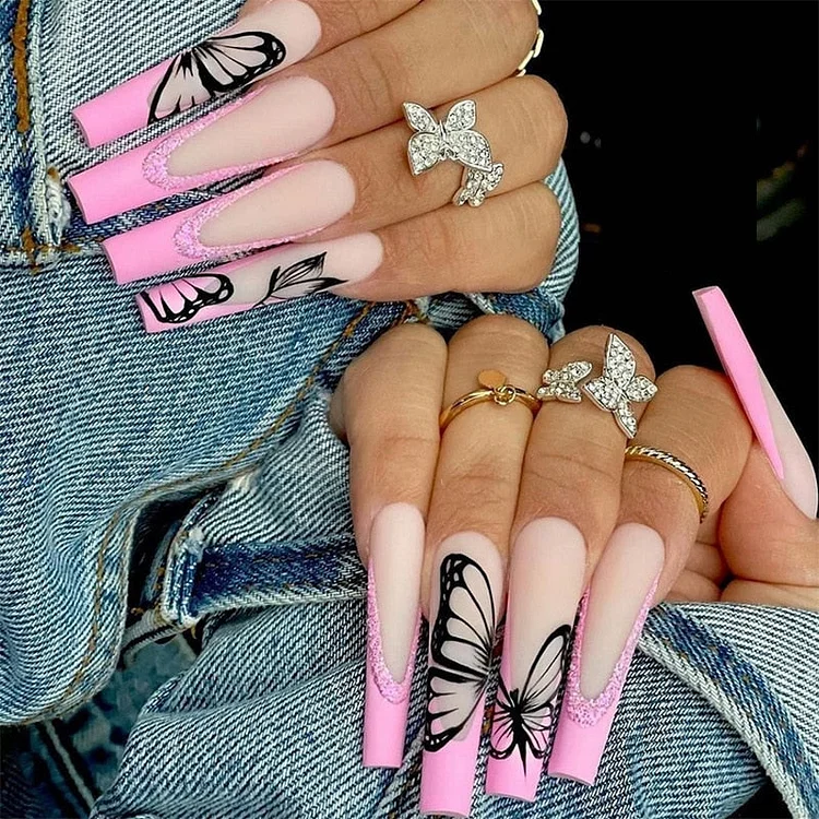 24pcs/Set Long Coffin Fake Nails Butterfly Design French False Nails Rhinestone Acrylic Beauty Fingernail Decal Ballerina Tips 530