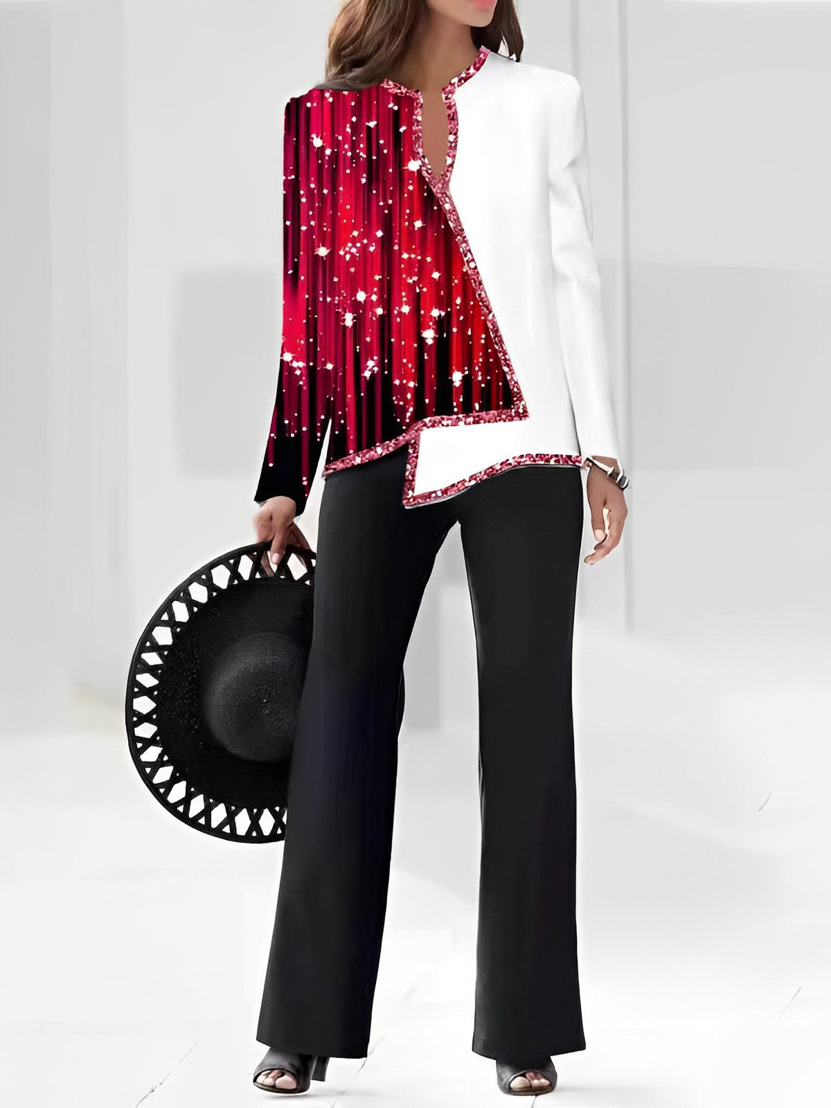 Women's Long Sleeve V-neck Graphic Colorblock Two-Piece Set