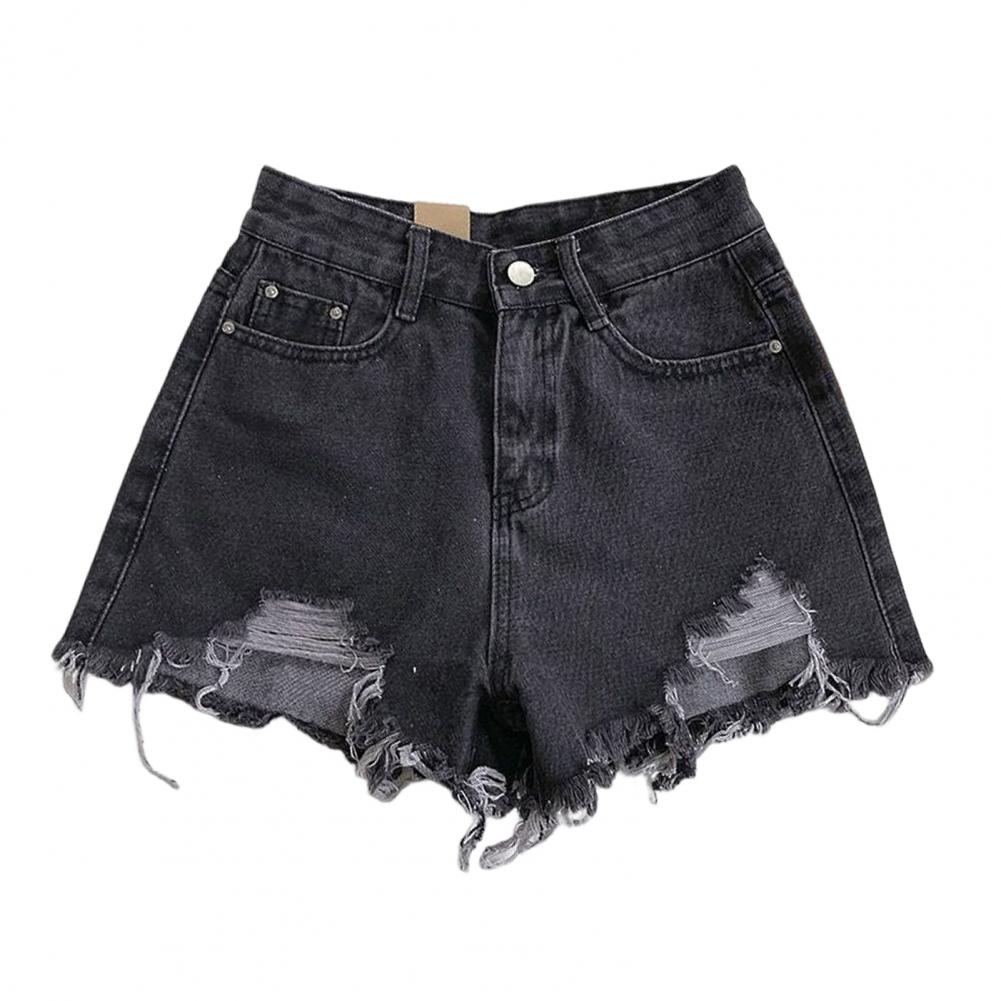 Threefruit Summer Women Denim Shorts High Waist A-line Above Knee Length Short Pants Ripped Button Zipper Closure Retro Pockets Slim Fit