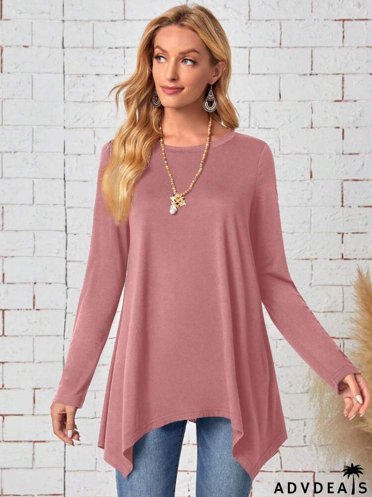 Women'sPlain Round Neck Long Sleeve Asymmetric Hem Casual T-Shirt, Spring & Summer