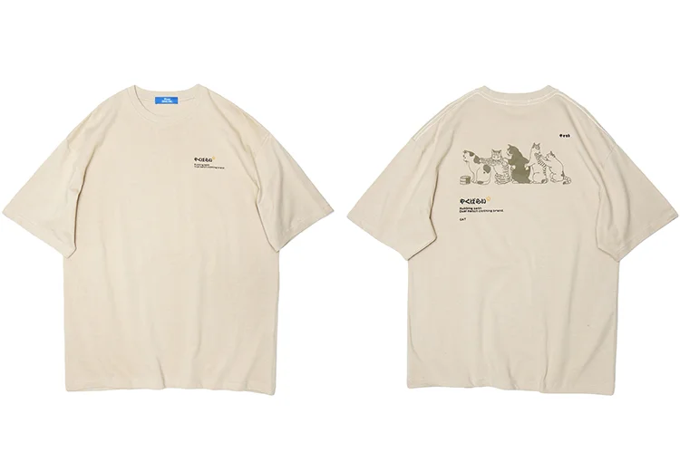 Jangj 2021 Men Hip Hop T Shirt Streetwear Japanese Kanji Harajuku Funny Cat T-Shirt Summer Short Sleeve Tops Tees Cotton Print Tshirts
