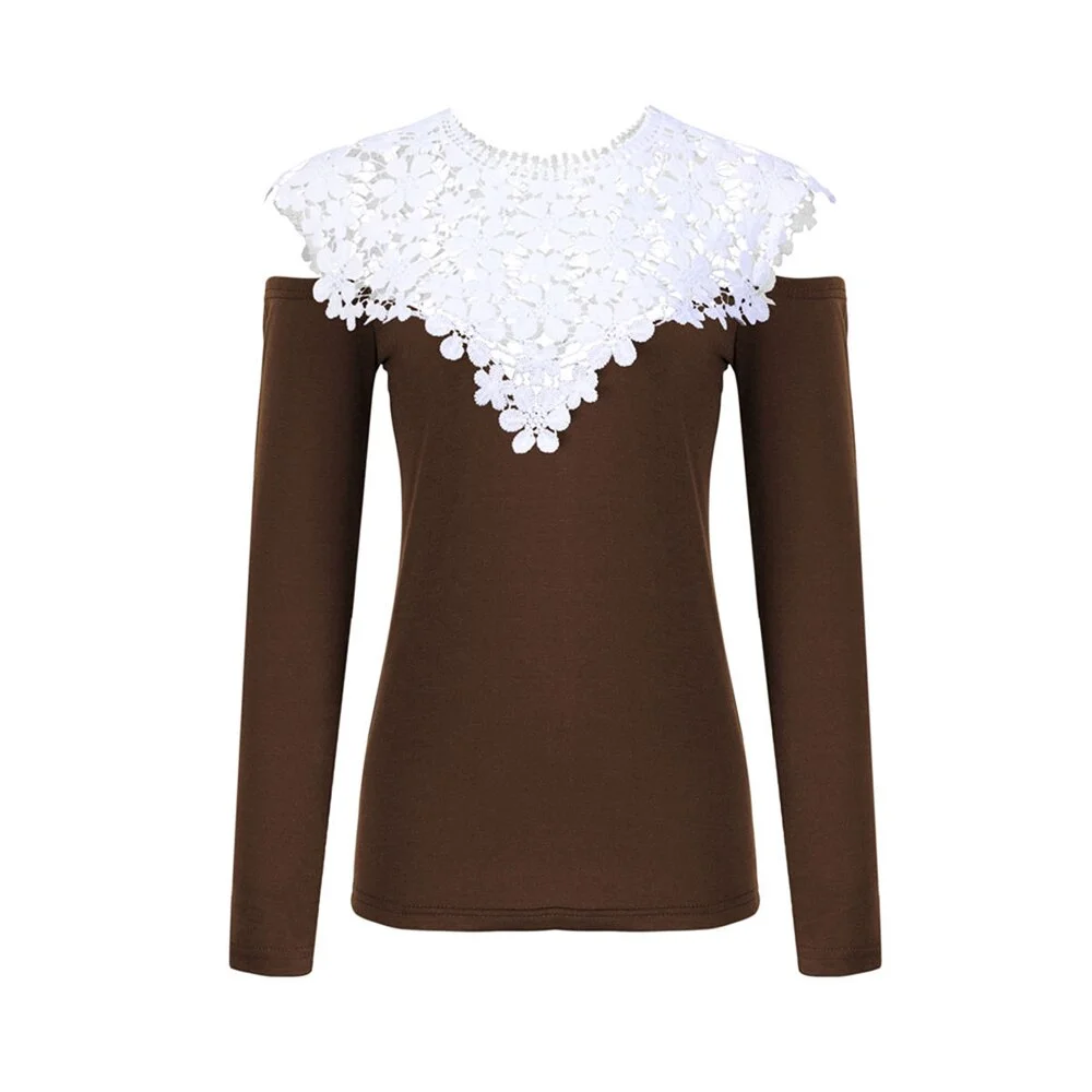 Sale Women Lace Patchwork T-shirt Tops Autumn  Hollow Out Off Shoulder Tee Shirt Ladies Spring Long Sleeve Casual Blusas D30