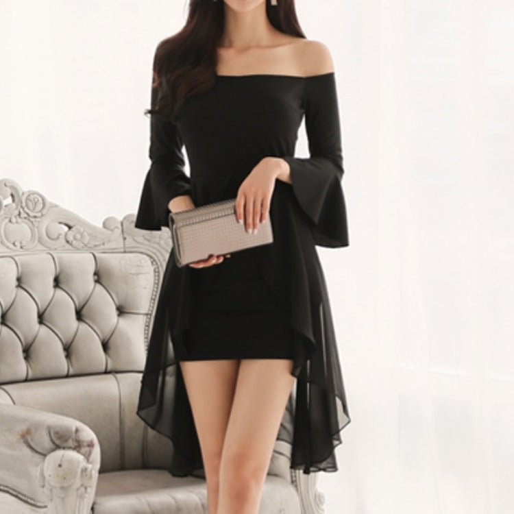 Korean Style 3/4 Flare Sleeve Sexy Off-shoulder Chiffon Stitching Dovetail Dress