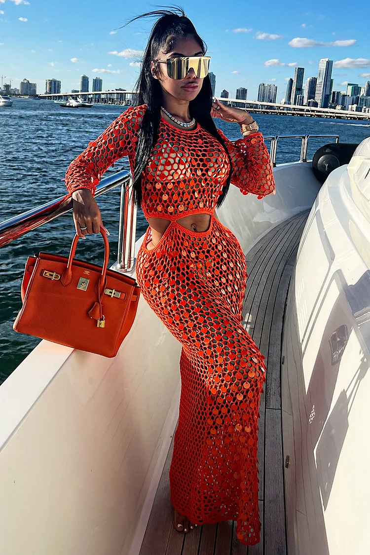 Crochet Sequins Cover Up Long Sleeve Cut Out Maxi Dresses