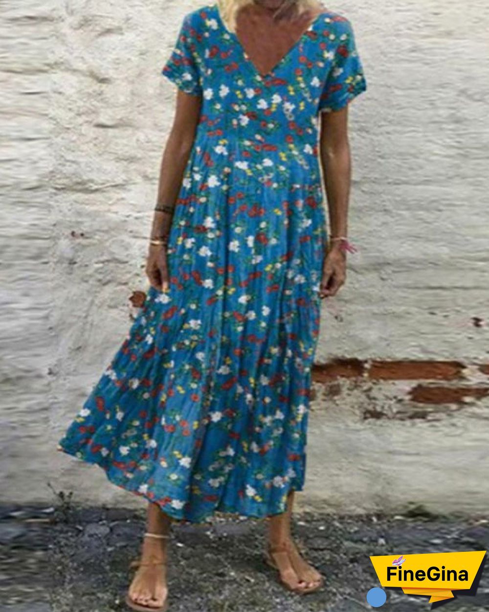 Casual Vintage Print Loose V-Neck Short Sleeve Maxi Dress