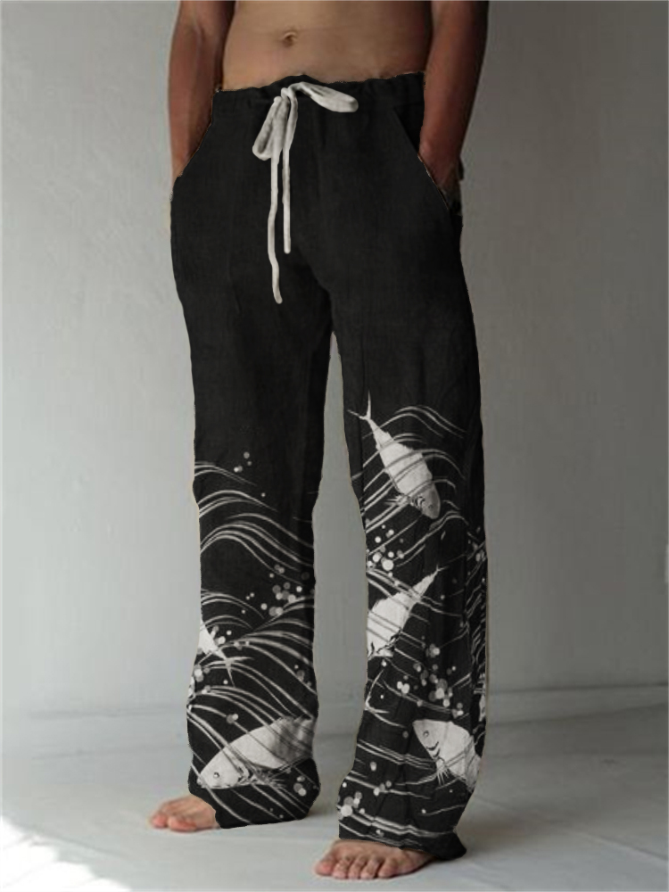 Comstylish Fish Sea Waves Japanese Pattern Linen Blend Pants