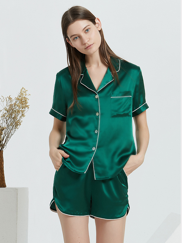 22 Momme Summer Contrast Trim Short Silk Pajamas Set Green