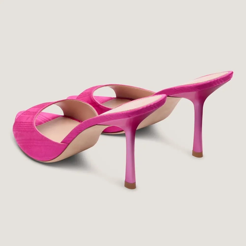 Fuchsia Fabric Slip On Open Toe Stiletto Heel Slide Sandals