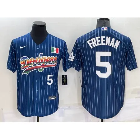 Men's Los Angeles Dodgers #5 Freddie Freeman Navy Mexico Rainbow Cool Base Stitched Baseball Jersey TEAN