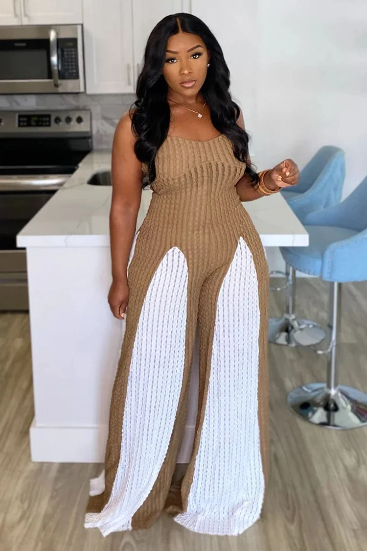 Textured Colorblock Daily Vacation Cami Wide Leg Jumpsuit-Brown [Pre Order]