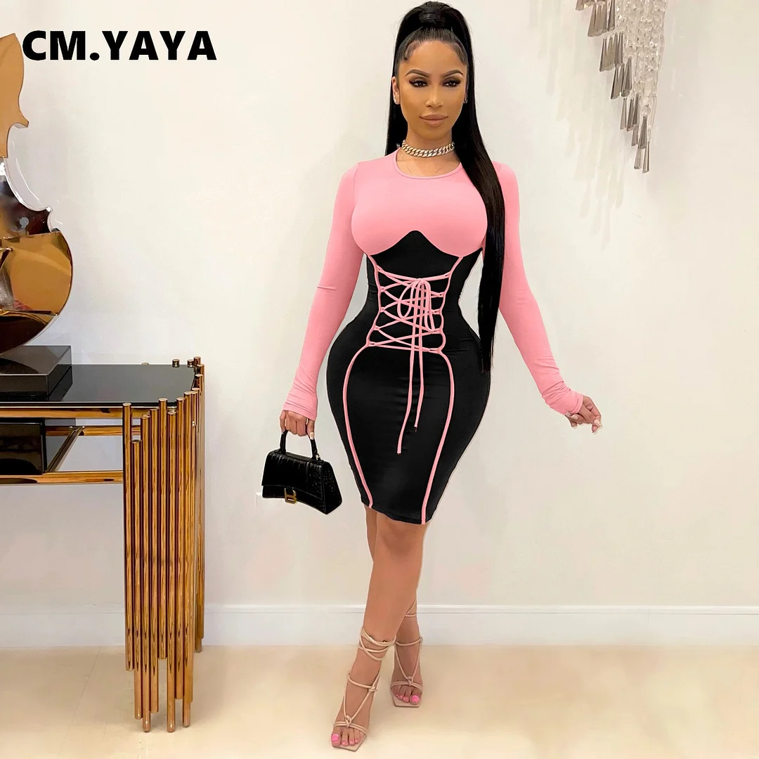 CM.YAYA Women Lace Up Long Sleeve High Waist Tunic Patchwork Bodycon Midi Knee Length Dress Sexy Night Party Pencil Dresses