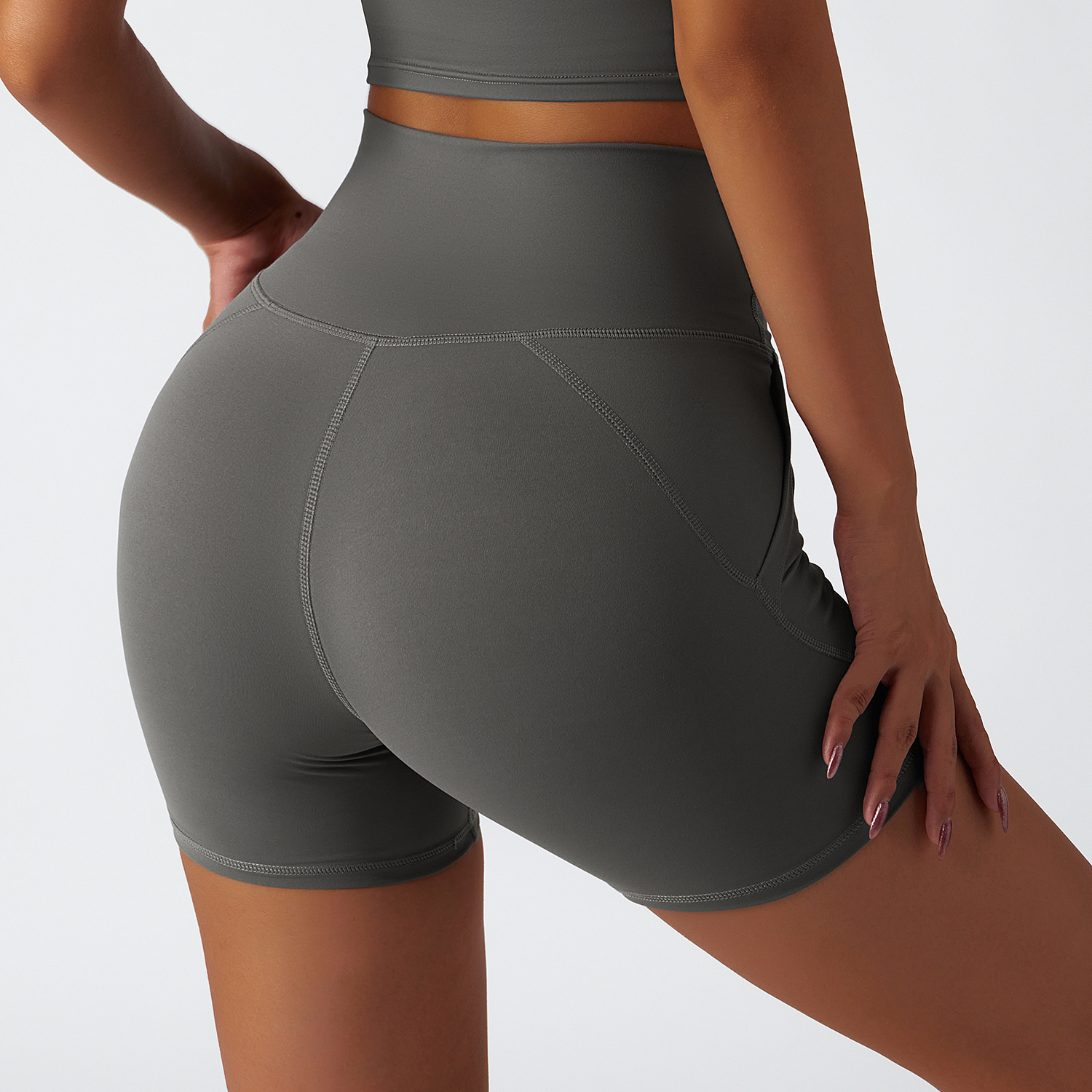 Buy Moonstone Gray different colors and types of renewable fabric sustainable no front seam yoga shorts with side pockets on Hergymclothing