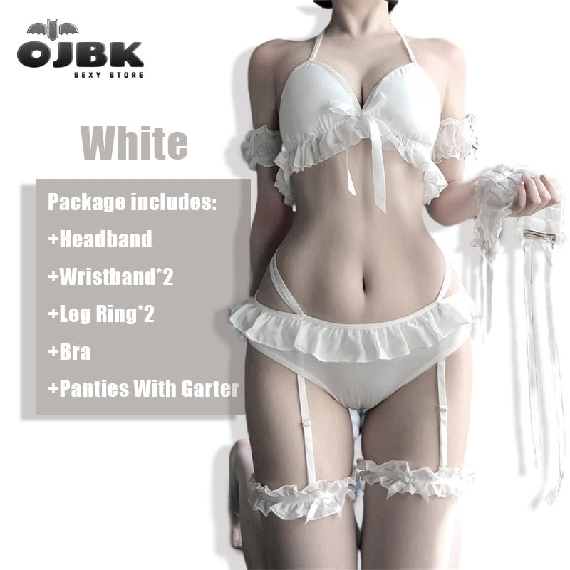 OJBK Kawaii Chiffon Sexy Lingerie Sweet Maid Cosplay Costumes Charming Black White Erotic Outfit for Female Transparent Bra Set